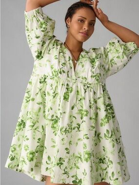 Nwot Maeve White Floral Button-Front Dress with Green Leaf Print